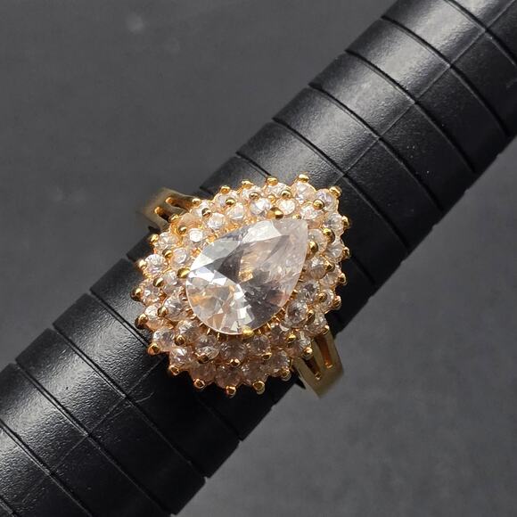Pear Cut CZ Ring 14K Gold Plated Size 10.75 Lind 14K HGE Layered - Picture 1 of 14